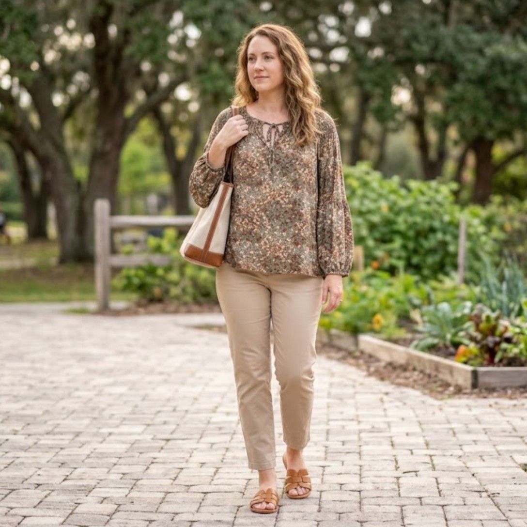 Berkley Jensen Olive Green & Tan Ditsy Floral Balloon Sleeve Blouse Size Xl
